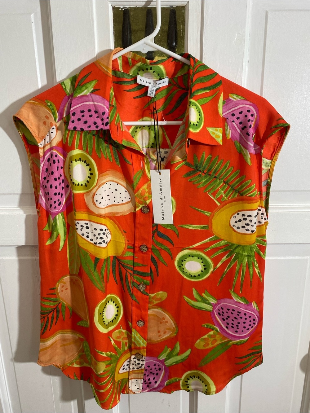 Madison d’Amelie Tropical Fruit Print Sleeveless Button-Up Top - Bright Orange - Picture 4 of 6
